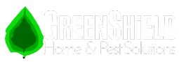 GreenShield Home & Pest Solutions logo featuring a green leaf icon with white text on a dark background