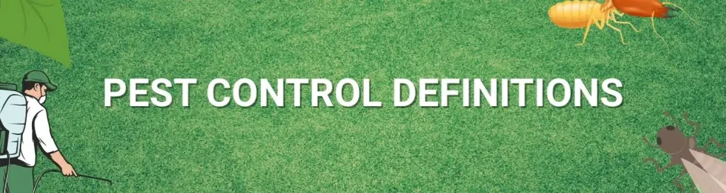Pest Control Definitions banner with a green grass background, exterminator, termite, and mole illustrations