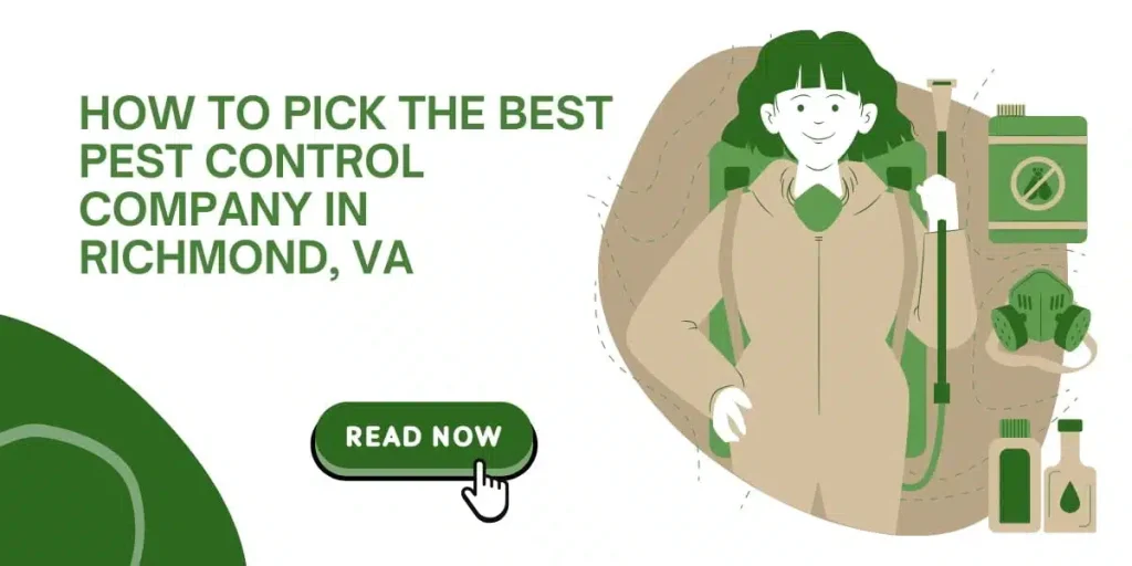 Illustrated pest control technician holding a sprayer beside equipment, with text about picking the best pest control company in Richmond, VA