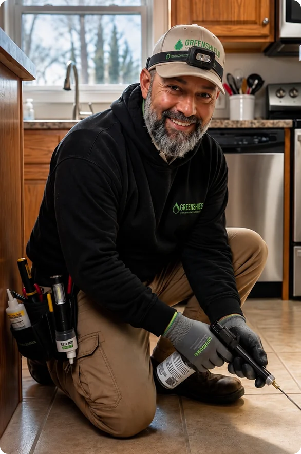 Smiling male technician in a black branded uniform kneels on a kitchen floor holding a tool