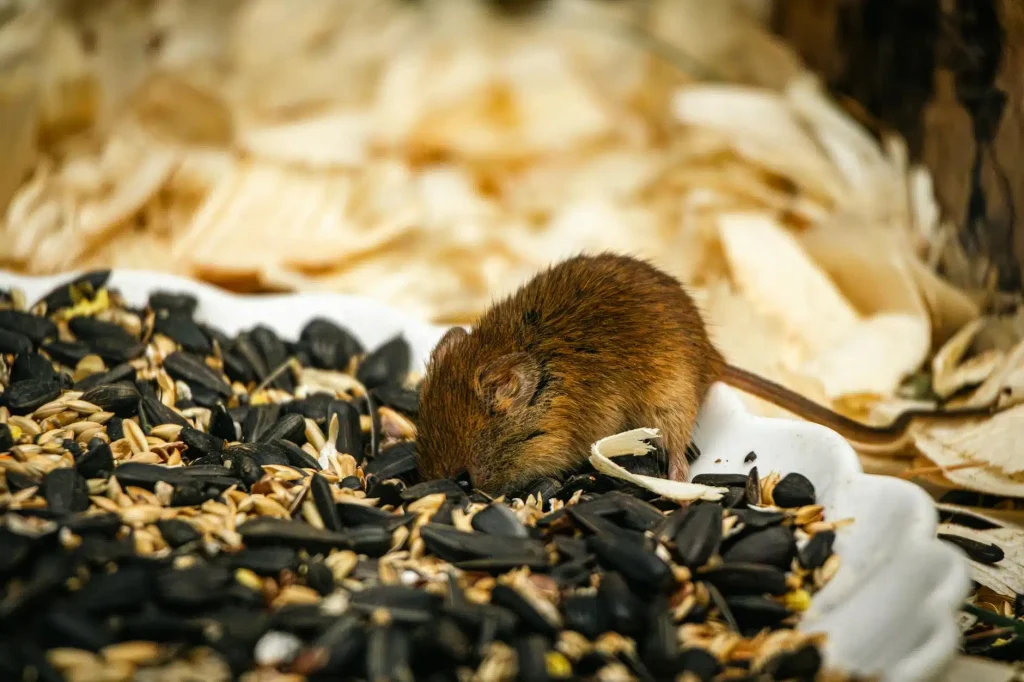 A small brown mouse forages among black sunflower seeds and grain on a white surface
