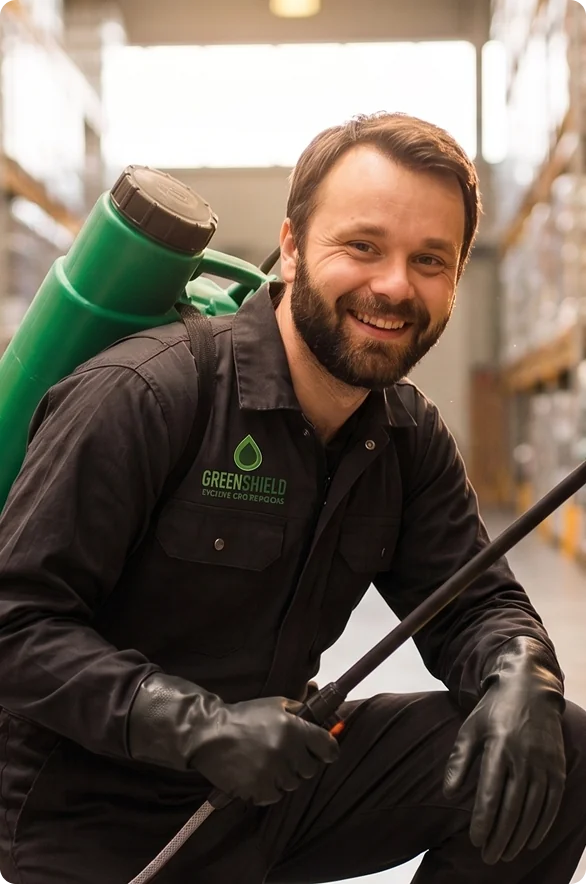 Smiling technician in black uniform crouches with cleaning equipment in a warehouse